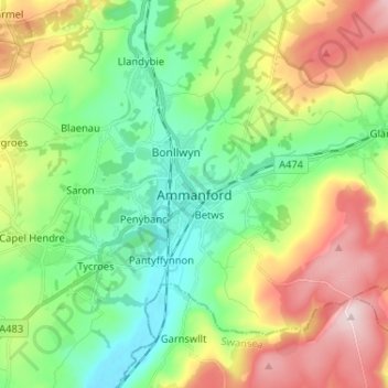 Ammanford topographic map, elevation, terrain