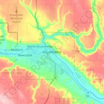 Drumheller topographic map, elevation, terrain