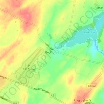 Bodffordd topographic map, elevation, terrain