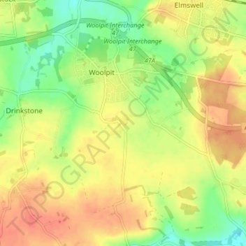 Woolpit Green topographic map, elevation, terrain