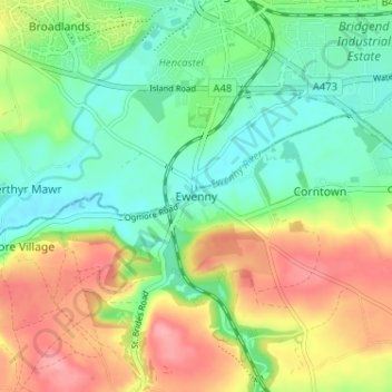 Ewenny topographic map, elevation, terrain