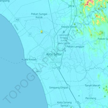 Alor Setar topographic map, elevation, terrain