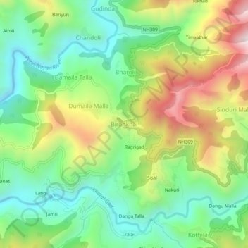 Bironkhal topographic map, elevation, terrain