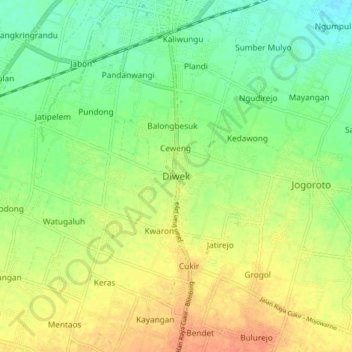 Diwek topographic map, elevation, terrain