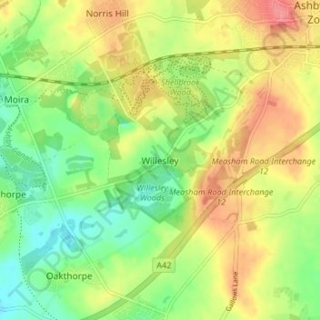 Willesley topographic map, elevation, terrain