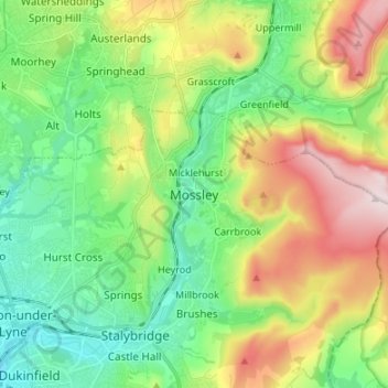 Mossley topographic map, elevation, terrain