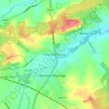 Church Warsop topographic map, elevation, terrain