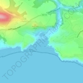 Three Cliffs Bay topographic map, elevation, terrain