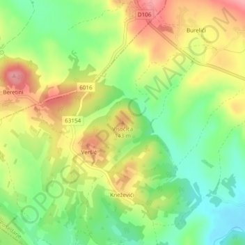 Visočica topographic map, elevation, terrain
