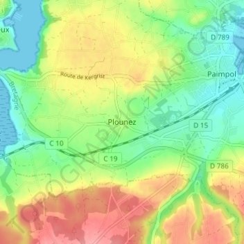 Plounez topographic map, elevation, terrain