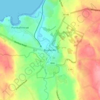 Bushmills topographic map, elevation, terrain