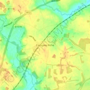 Campsea Ashe topographic map, elevation, terrain