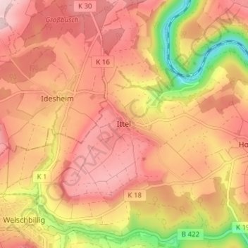 Ittel topographic map, elevation, terrain