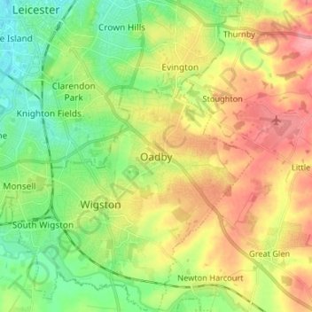 Oadby topographic map, elevation, terrain