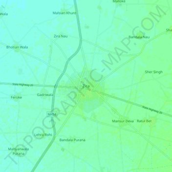 Zira topographic map, elevation, terrain