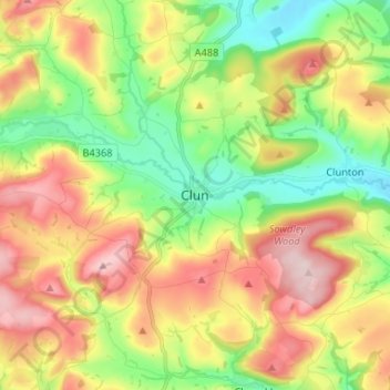 Clun topographic map, elevation, terrain