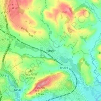 Ponthir topographic map, elevation, terrain