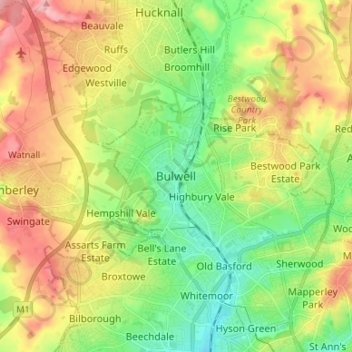 Bulwell topographic map, elevation, terrain