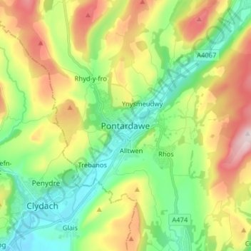 Pontardawe topographic map, elevation, terrain