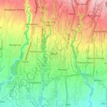 Ubud topographic map, elevation, terrain