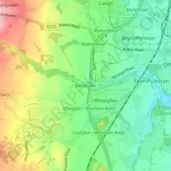 Bersham topographic map, elevation, terrain