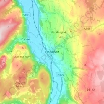 Llanrwst topographic map, elevation, terrain