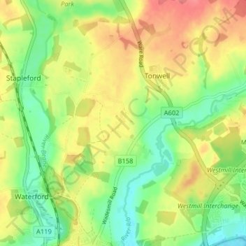 Chapmore End topographic map, elevation, terrain