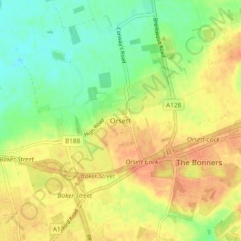 Orsett topographic map, elevation, terrain