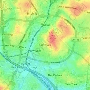 Caldmore topographic map, elevation, terrain