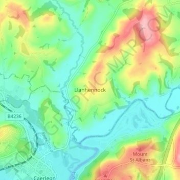 Llanhennock topographic map, elevation, terrain