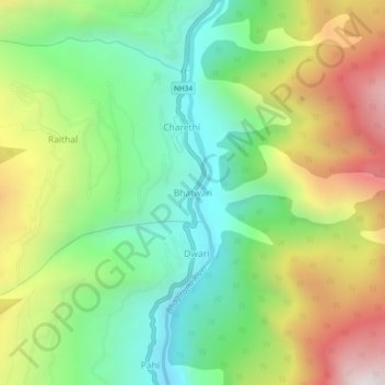 Bhatwari topographic map, elevation, terrain