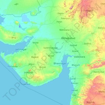 Gujarat topographic map, elevation, terrain