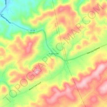 Pullontown topographic map, elevation, terrain