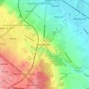 Hawarden topographic map, elevation, terrain