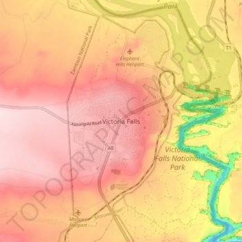 Victoria Falls topographic map, elevation, terrain
