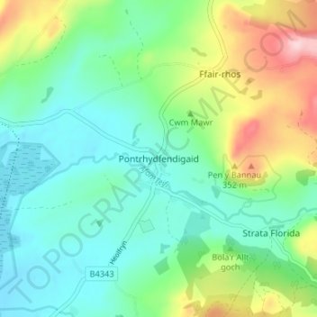 Pontrhydfendigaid topographic map, elevation, terrain