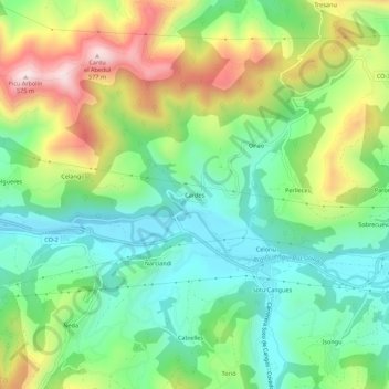 Cardes topographic map, elevation, terrain