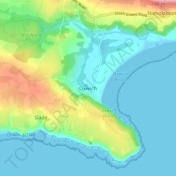 Oxwich topographic map, elevation, terrain