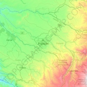 Popayán topographic map, elevation, terrain