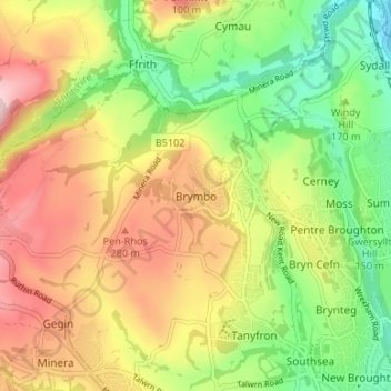 Brymbo topographic map, elevation, terrain