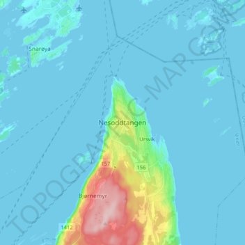 Nesoddtangen topographic map, elevation, terrain
