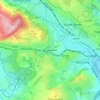 Rhiwderin topographic map, elevation, terrain