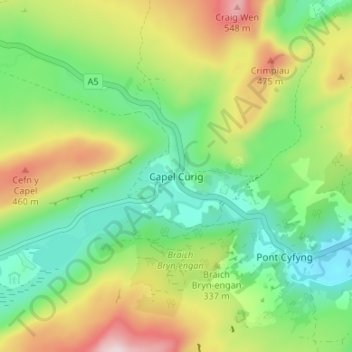 Capel Curig topographic map, elevation, terrain