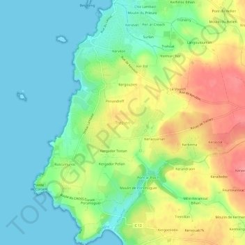 Trezien topographic map, elevation, terrain
