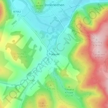 Traquair topographic map, elevation, terrain