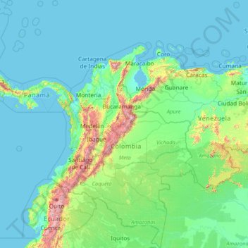 Colombia topographic map, elevation, terrain