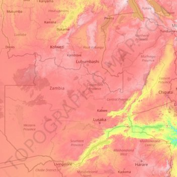 Zambia topographic map, elevation, terrain