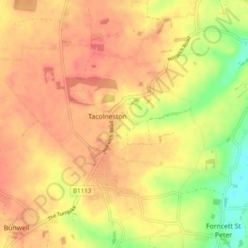 Tacolneston topographic map, elevation, terrain