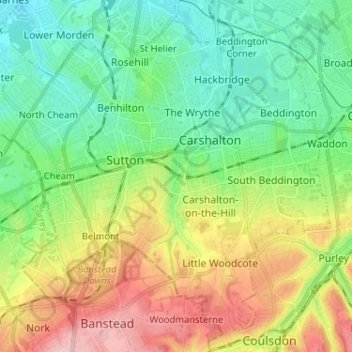 London Borough of Sutton topographic map, elevation, terrain
