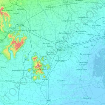 Province of Padua topographic map, elevation, terrain